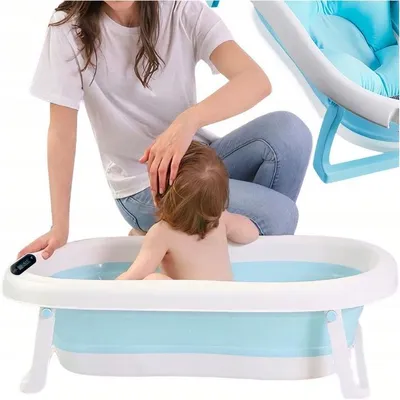 Produktbild von Faltbare Babybadewanne Gross Mit Lcd Thermometer Badekissen Antirutschfuesse Ablaufstopfen Reise Badewanne 0-3 Jahre