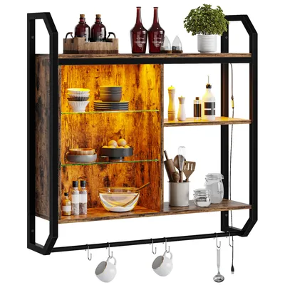 Immagine prodotto di Bestier Scaffale sospeso con illuminazione a LED, scaffale da cucina 84 cm, ripiano in vetro regolabile, incl. 6 ganci, vetrina sospesa, scaffale da cucina, marrone