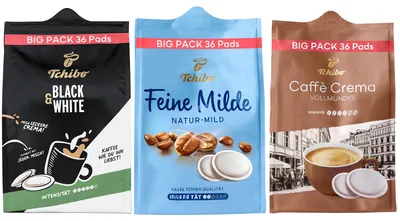 Produktbild von Tchibo Kaffeepadmix Probierset Vielfaltspaket, Feine Milde, BLACK&WHITE & Caffè Crema vollmundig, 108 Stück - 3x 36 Pads, nachhaltig, geeignet für Senseo Maschinen