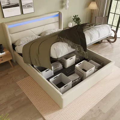 Image de MODFU Lit Coffre 160x200 avec LED Contrôlées à Distance, Lit Double Capitonné avec Coffre de Rangement Intégré -PolyuréthaneBlanc
