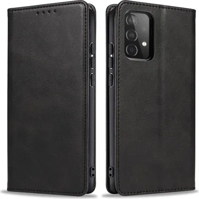 A black leather flip phone case for a Samsung Galaxy A52 is shown from two angles.