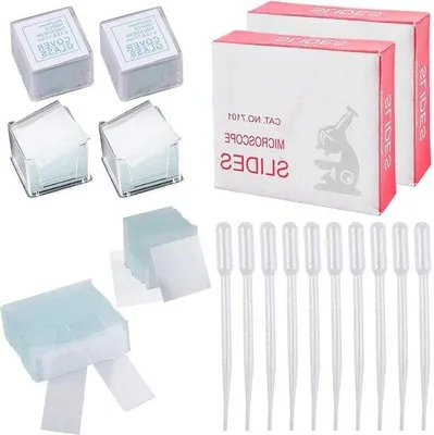 Zdjęcie produktu dla Szkło laboratoryjne 76 x 26 mm, 200 sztuk, szkiełka mikroskopowe, 20 x 20 mm, 400 sztuk, szkiełka nakrywkowe, laboratorium, biologia, strzykawka 10 ml, akcesoria.
