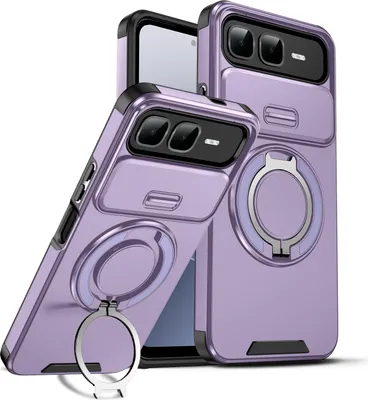 Image de Étui double couche pour Infinix Smart 10 Plus, avec couvercle coulissant pour l'appareil photo et support magnétique pour anneau violet