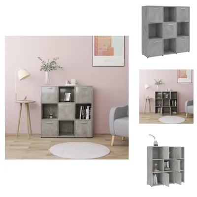 A modern living room with a gray modular bookshelf against a pink wall, decorated with a lamp, vase, and books.