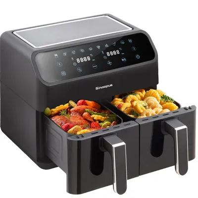 Produktbild von Sinaopus Heißluftfritteuse 9L Doppelkammer, Airfryer mit 2 Garkörben, 2000W, 10 Programme, Sichtfenster, 80–200°C