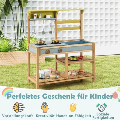 Obrázek produktu pro Bahenní kuchyňka dětská kuchyňka na hraní ze smrkového dřeva s knoflíky na kamna & Přírodní dřez