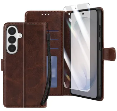 Immagine prodotto di Enkay, custodia a portafoglio con vetro temperato e cinturino da polso per Galaxy S26, marrone