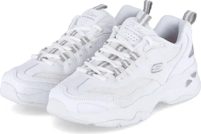 A pair of white Skechers D'Lites sneakers are shown from a slightly elevated front-left angle against a white background.