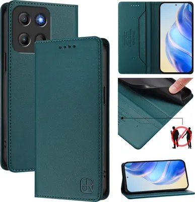 Produktbild von Lederhülle für Motorola Moto G15 Hülle Flip Brieftasche Kartenfächern Ständer Schutzhülle Dunkelgrün
