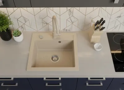 Produktbild von [Granitspüle 49x52 +Abtropfgitter mit oder ohne Armatur] Hochwertig beidseitig Montierbar Küchenspüle Eckig Einbaugranitspüle Granit Spülbecken f. Unterschränke ab 45 cm inkl.Siphon Set, Variante:Spüle Beige + Abtropfgitter + Armatur Beige