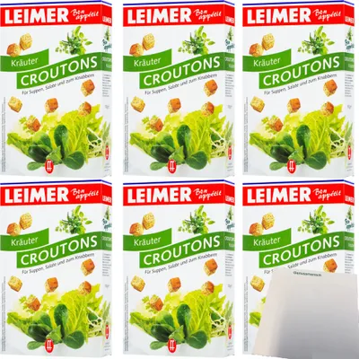 Produktbild von Leimer Croutons Kräuter für Suppen Salate und zum Knabbern 6er Pack (6x100g Packung) + usy Block