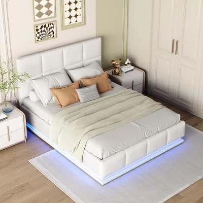 Immagine prodotto di Letto matrimoniale - Letto contenitore - Letto con boxspring - Letto con LED - Letto in ecopelle - Bianco - Con illuminazione a LED