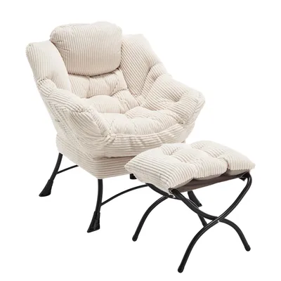 Produktbild von LVHOM Relaxsessel mit Hocker, Armlehnstuhl Fernsehsessel Lesesessel mit Seitentasche, Cord Bezug, bis 180kg belastbar, Weiß