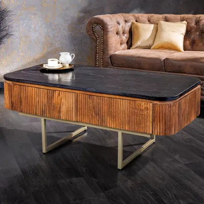 Produktbild von riess-ambiente Design Couchtisch GATSBY 110cm Mangoholz massiv Marmor-Platte Retro mit Schubladen gold