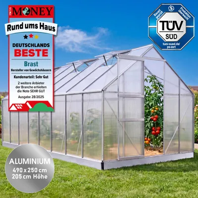 Produktbild von BRAST Gewächshaus Aluminium mit Fundament | 490x250x205cm | 6mm Hohlkammerplatten | rostfrei wetterfest temperaturbeständig | Silber