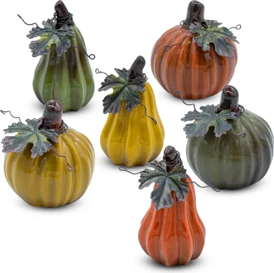 Image de Potiron décoratif en grès lasuré en couleur pour l'extérieur et l'intérieur - Set de 6 - Décoration automnale Potiron décoratif en argile à poser 8cm et 10cm
