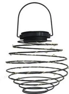 A black spiral lantern with small white lights is shown against a white background.