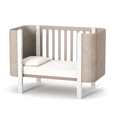 Produktbild von Veres Monaco Kinderbett 120x60 cm, Velour Cappuccino Weiß, 4-fach höhenverstellbar, herausnehmbare Sprossen, mit Rollen & Bremse, Schaukel- & Wiegefunktion, Beistellbett-Funktion, inkl. Umbausatz, wasserbasierte schadstofffreie Farbe mit Silberionen, EN716-2:2017