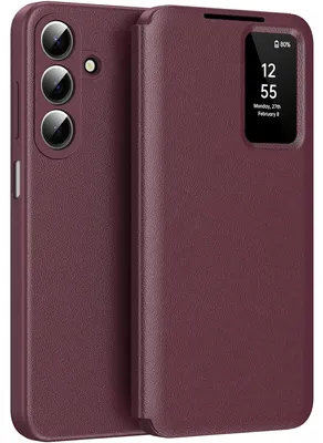 Image de Étui en cuir rabattable pour Samsung Galaxy A27, avec fenêtre Smart View et compartiment pour cartes, de couleur rouge