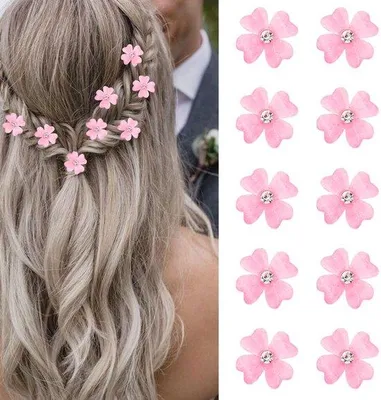 Produktbild von Mini-Haarclips mit rosa Blumen und Glitzersteinen, kleine, dekorative Bräute-Haarclips.