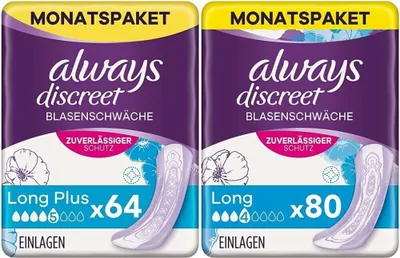 Zdjęcie produktu dla Always Dyskretne wkładki na nietrzymanie moczu Long Plus, opakowanie miesięczne, 4 x 16 sztuk & Dyskretne wkładki na nietrzymanie moczu Long, opakowanie miesięczne, dyskretna ochrona i wysoka chłonność, 80 wkładek, 4 x 20 sztuk
