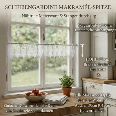 Produktbild von Scheibengardinen Meterware Makrameé-Spitze nähfrei weiß 15cm Höhe