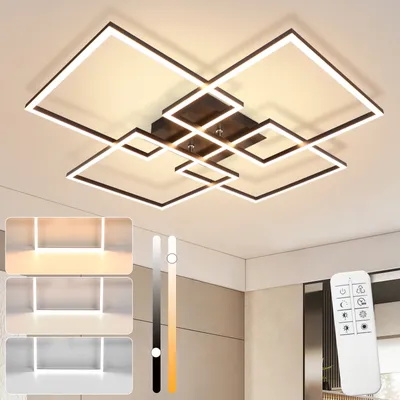 A modern, geometric LED ceiling light fixture with multiple square frames, shown mounted on a white ceiling. The image also includes inset panels demonstrating different light color temperatures and a remote control.