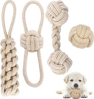 Image de Lot de 4 jouets pour chiens : cordes et balle à nœuds, ensemble de jouets pour petits et moyens chiens, jouets pour chiens, nettoyage des dents, en coton naturel, blanc
