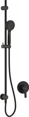 A black concealed shower set with a rail and a handheld showerhead, shown against a white background.