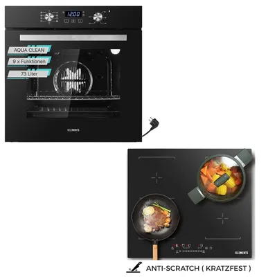 Produktbild von KB ELEMENTS Sparset, Einbauherd Set, Herdset, Kratzfestes Induktionskochfeld 60cm, Einbaubackofen 60cm, 9 x Funktionen, AQUA CLEAN, ELK75EV2/111AS