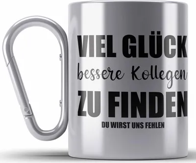 Produktbild von Jobwechsel Edelstahl Tasse Karabiner Geschenk Kollegin Kollege Lustig Abschiedsgeschenk Sprüche - Viel Glück (Silber)