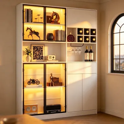 Produktbild von MODFU Hochschrank 140 x 30 x 200 cm, Vitrine mit 7 Schranktüren und LED,Küchenschrank mit Weinregal, großer Vitrinenschrank mit 1 Schublade, Weiß