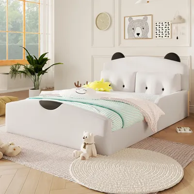 Produktbild von Flieks Kinderbett 140x200cm mit 2 Zierkissen, Polsterbett Doppelbett mit Kopfteil in Bärenform, Bodenbett Spielbett mit Rausfallschutz, Leinen Weiß