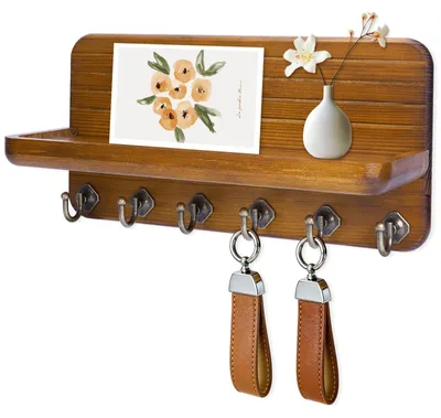 Productafbeelding van Sleutelhanger met opbergruimte, hout, 6 sleutelhaken, vintagegeel