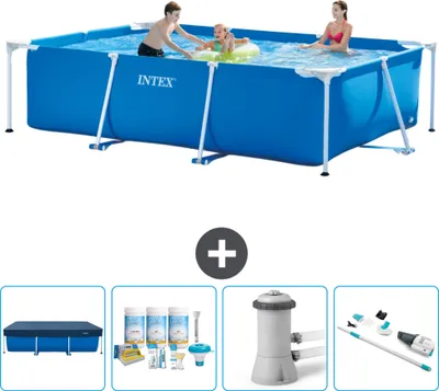 Produktbild von Intex-Schwimmbecken mit rechteckigem Rahmen – 300 x 200 x 75 cm – Blau – im Lieferumfang enthalten Abdeckung - Wartungspaket - Filterpumpe für Schwimmbad - Staubsauger