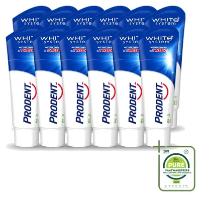 Imagen del producto de 12 unidades de pasta dental Prodent White System, que blanquea los dientes de forma natural, envase de 75 ml, pack grande