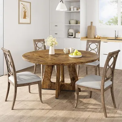 Obrázok produktu pre Jedálenský stôl, okrúhly, drevený, priemer 120 cm, pre 4 osoby, jedálenský stôl v rustikálnom štýle, s drevenou doskou a nohami, vhodný do jedálne alebo obývačky – rustikálna hnedá farba