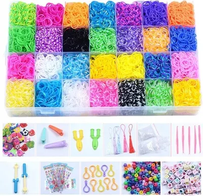 A collage of images showing a large set of colorful rubber bands and accessories for making bracelets and other crafts.