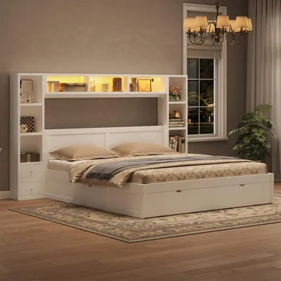 Zdjęcie produktu dla Łóżko dwuosobowe 140x200 cm z 7 szufladami, 9 schowkami, LED w 7 kolorach, zagłówkiem z półkami, białe