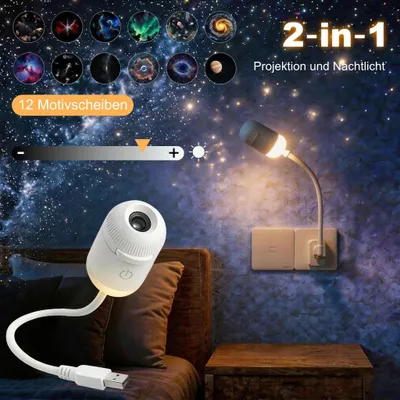 Produktbild von LED Galaxy Projektor Nachtlicht – Romantische Sternenhimmel Lampe mit 12 Motiven, dynamischer 360° Sternenprojektion, USB Type-C, für Zuhause und Auto
