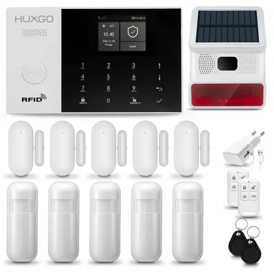 Produktbild von HUXGO HXA005 Alarmanlage Haus WiFi+GSM 4G mit Funksirene, Alarm System mit 5x Bewegungssensor und 5x Tür-Fenstersensor, Alarmanlage für Wohnung, Haus