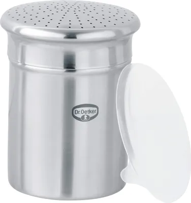 Produktbild von Dr. Oetker Puderzuckerstreuer fein, Küchenhelfer aus hochwertigem Edelstahl, zum dekorativen und schnellen Bestäuben, großes Füllvolumen, inklusive Schutzdeckel, (Farbe: silber)