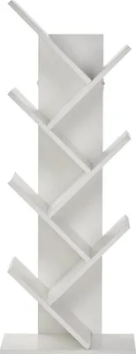 Image de Bibliothèque - Étagère sur pied en bois - En forme d'arbre - 5 niveaux - Étroite - Style rétro - Pour livres, CD et magazines - Blanche