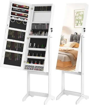Imagen del producto de Cajonera con espejo interior para maquillaje. Caja de almacenamiento para joyas con cerradura, ideal para pendientes. Espejo con armario y cerradura. Organizador de joyas con espacio de almacenamiento. Estante para joyas con soporte, color blanco