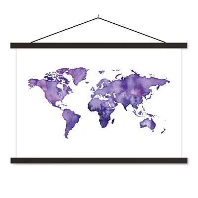 Produktbild von MuchoWow® Textilposter Weltkarte - Aquarell - Violett 90x60 cm mit schwarzem Rahmen - Aufhängungssatz