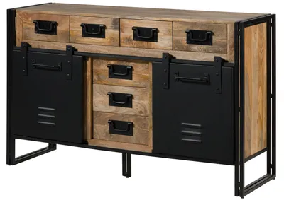 Immagine prodotto di MASSIVMOEBEL24 | Credenza in legno di Mango 195x45x90 laccato chiaro naturale / ferro nero BLACKBURN #109