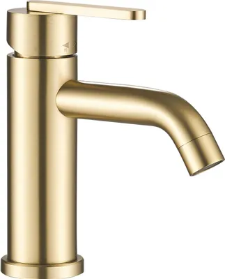 A close-up studio shot of a gold-colored bathroom faucet against a white background.