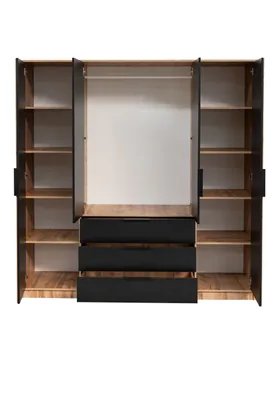 An open wardrobe with shelves and drawers against a white background.
