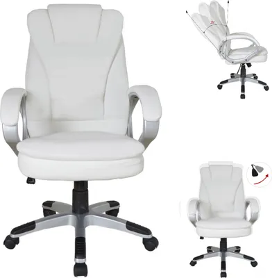 A white office chair is shown from multiple angles, including a close-up of the base and a diagram showing its reclining feature.