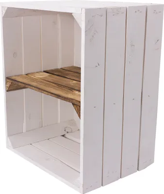 A white wooden crate with a wooden shelf inside, shown from the front and side.